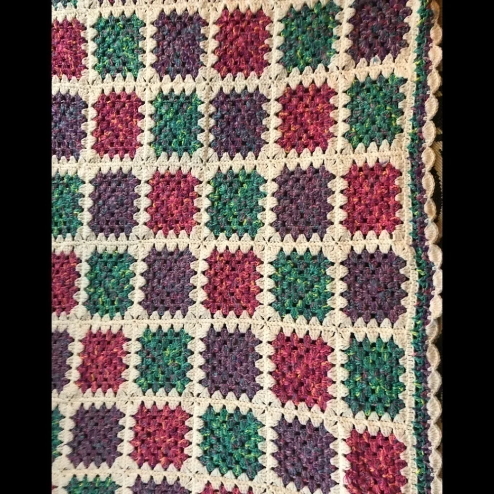 Grandma’s Handmade Jewel Tone Throw Lap Granny Square Afghan Roseanne 55X35”